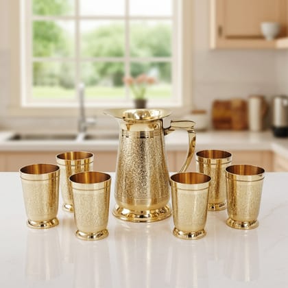 Brass Lemon Set – 1 Jug + 6 Glasses | Premium Beverage Set, Height : 7.5 Inch (ZMAS234 A)
