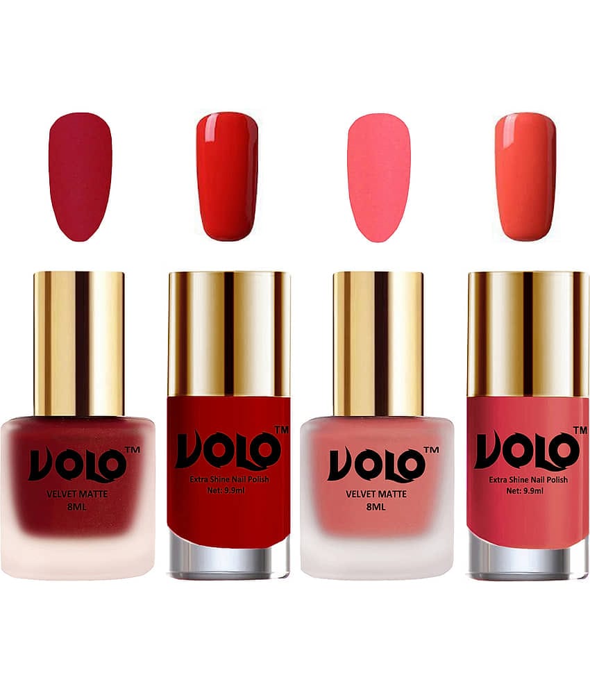 VOLO Extra Shine AND Dull Velvet Matte Nail Polish Red,Peach,Orange, Coral Matte Pack of 4 36 mL