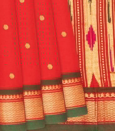 Red Handloom Paithani Cotton Saree With Coin Buttas-Red-Red
