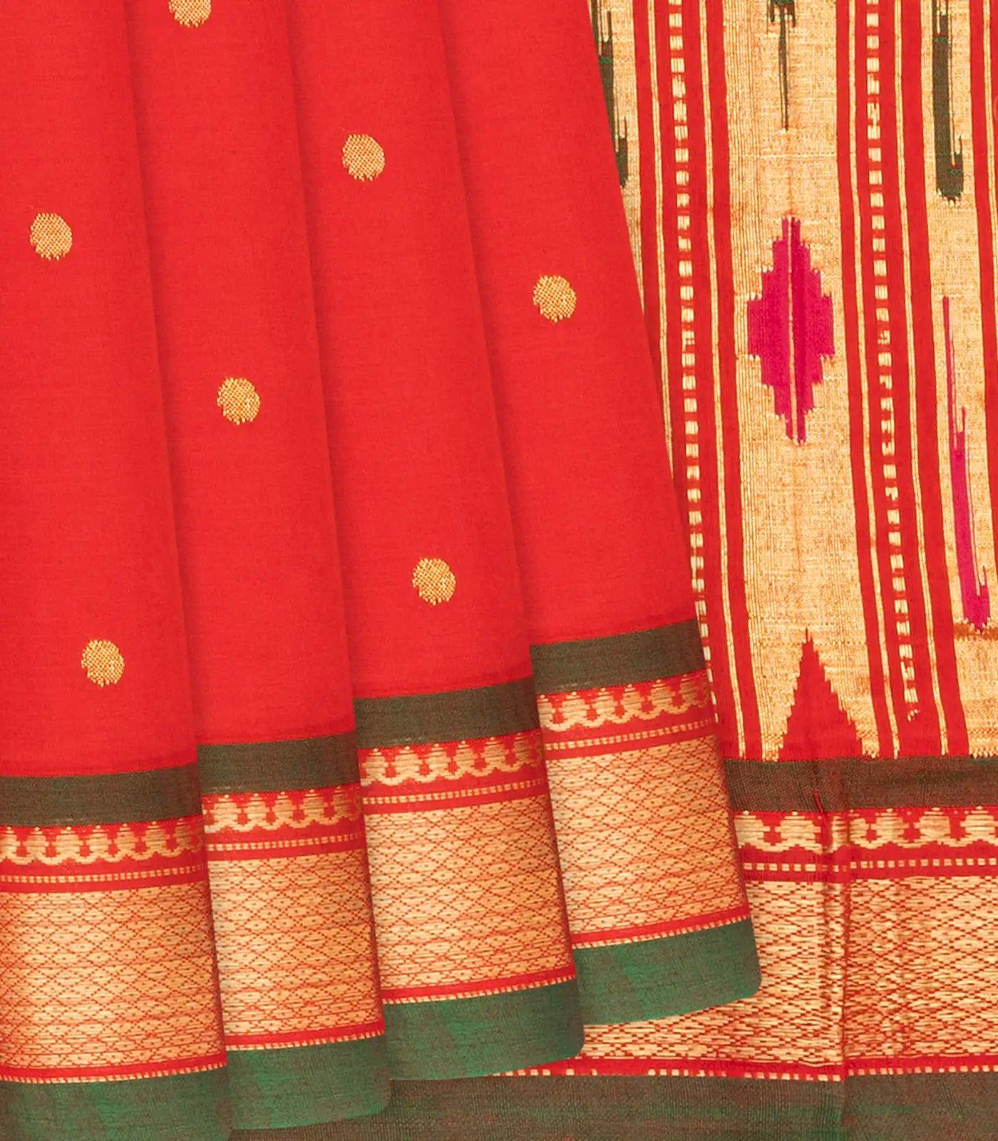 Red Handloom Paithani Cotton Saree With Coin Buttas-Red-Red
