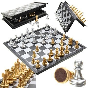 Chess Game Silver Gold Pieces Folding Magnetic Foldable Board