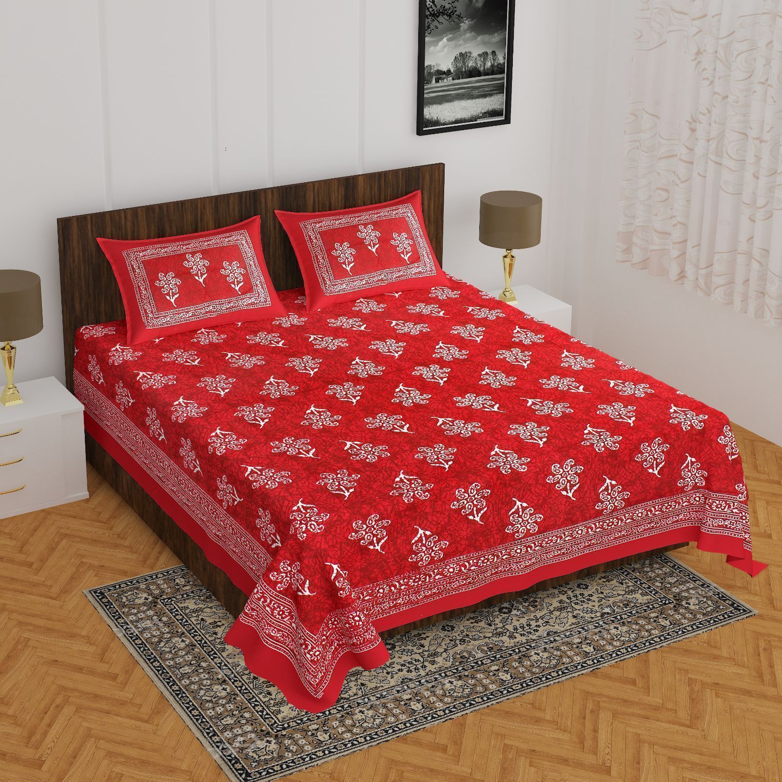3001-Hometrade India-Standard King Size (90*108 Inches) Double Bedsheet With 2 Pillow Cover-RJ-14-Jaipur lining-3371