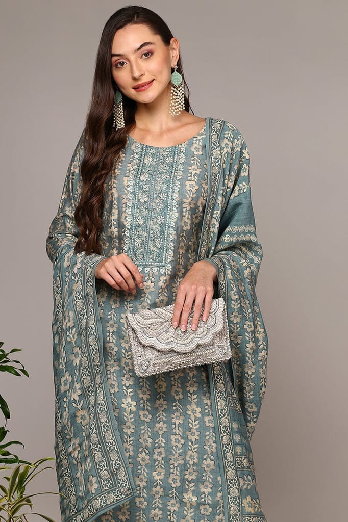 Top Women Plus Size Grey Silk Blend Printed Straight Suit Set PKSKD2001 2026 at ShopCircuit | ON