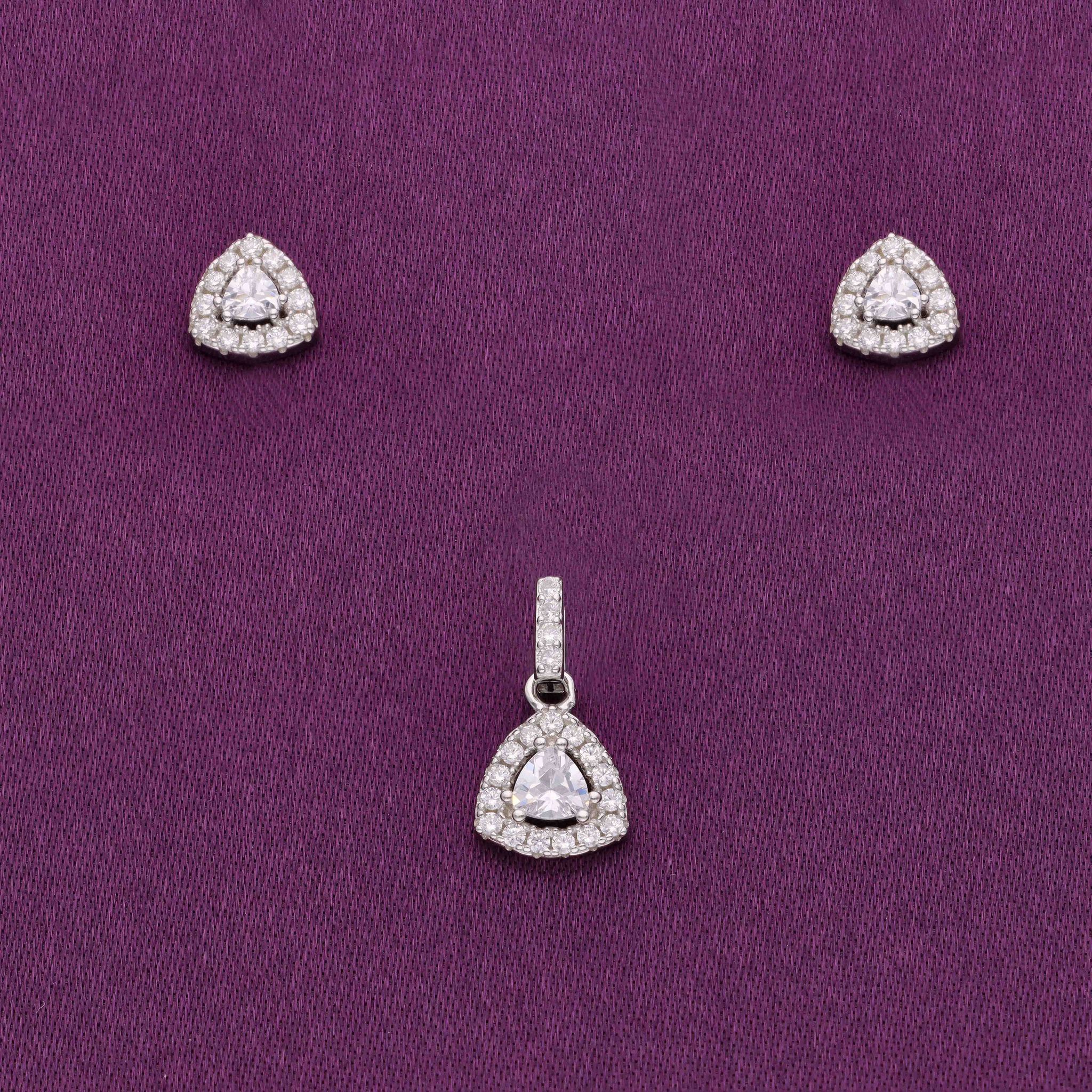 Dazzling Triangle Silver Pendant and Earrings Set-White Stone / Silver