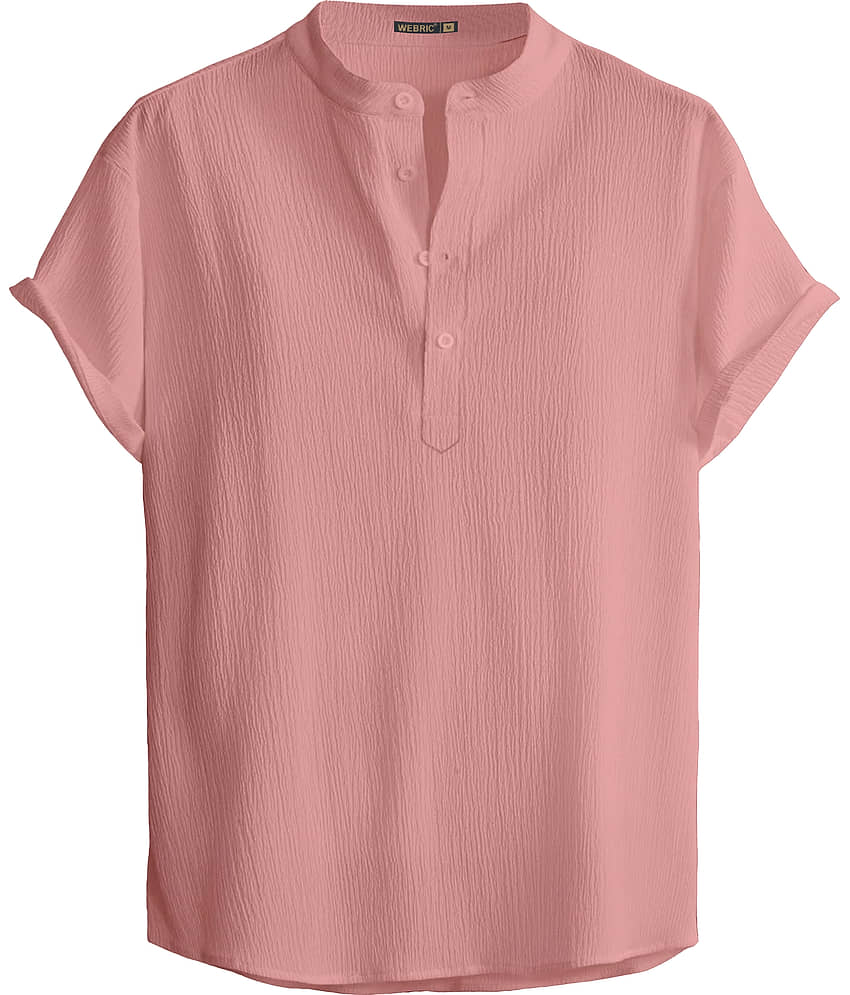 WEBRIC Polyester Plain Shirt Style Kurta For Men ( Peach )