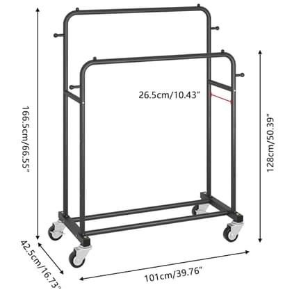 Laiensia Double Rods Garment Rack with Wheels, Clothing Rack for Hanging Clothes,4 Hooks, Multi-Functional