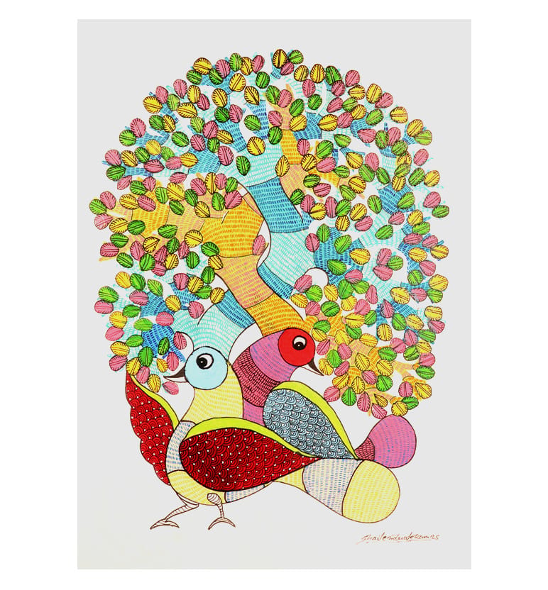 Handcrafted Gond Tree of Life with Birds – Tribal Folk Art Painting