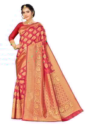 Generic Women's Banarasi Silk Saree with Blouse (Red, 5-6 Mtr)