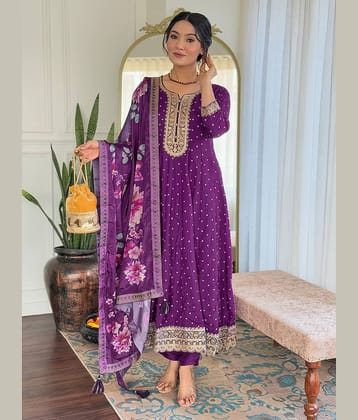 Niza Fashion Women Silk Embellished Flared Kurti With Pants ( Purple )