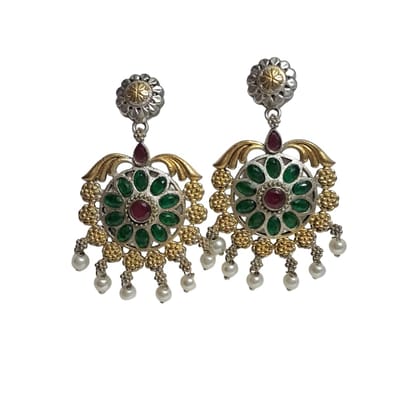 Anvaya Collections Traditional Floral Earrings, Ruby Red and Gold-Toned, Pearl Beaded Chandelier Design