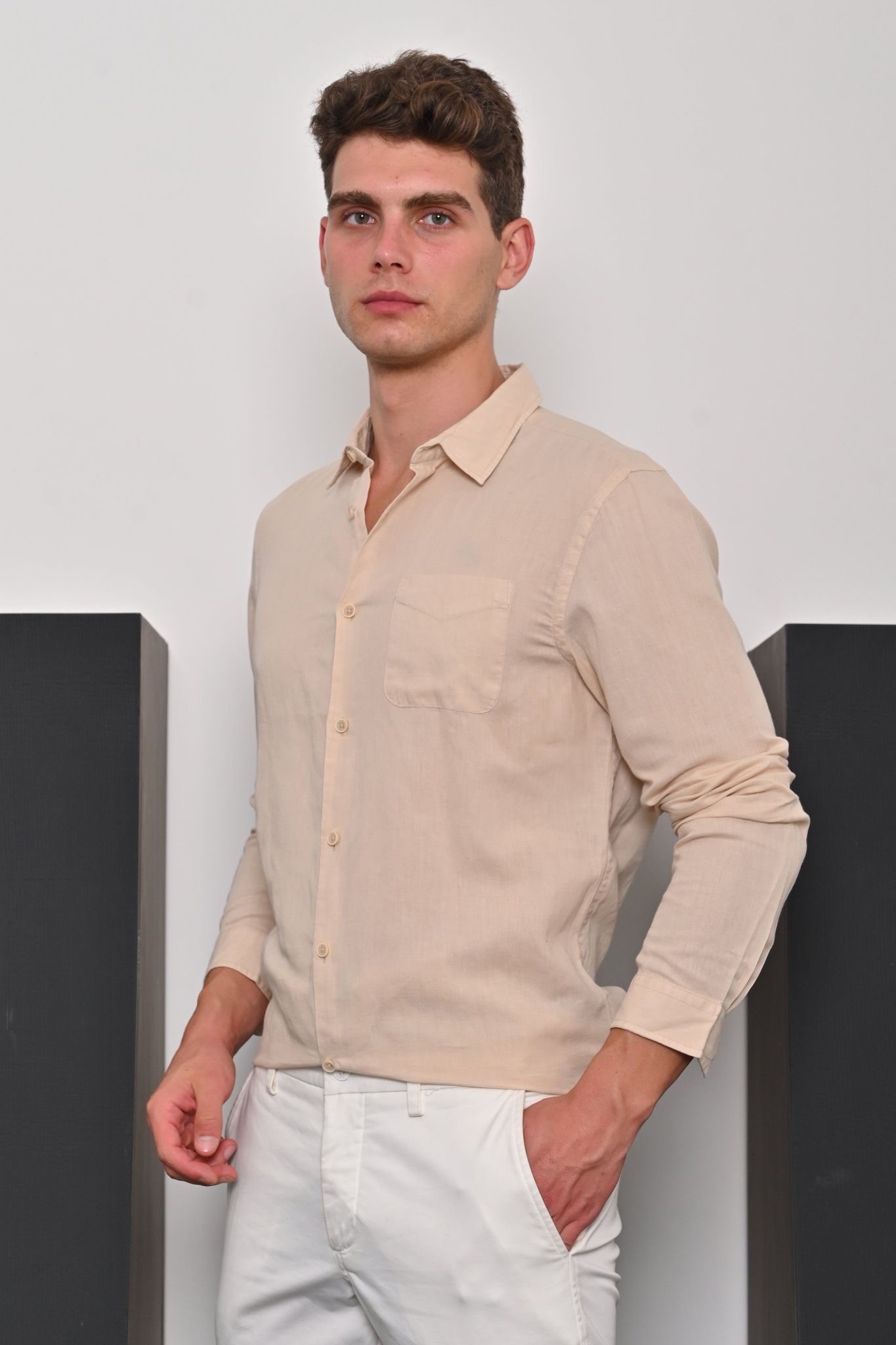 Champion - Cotton Linen Solid Shirt - Beige-XL-44 / BEIGE