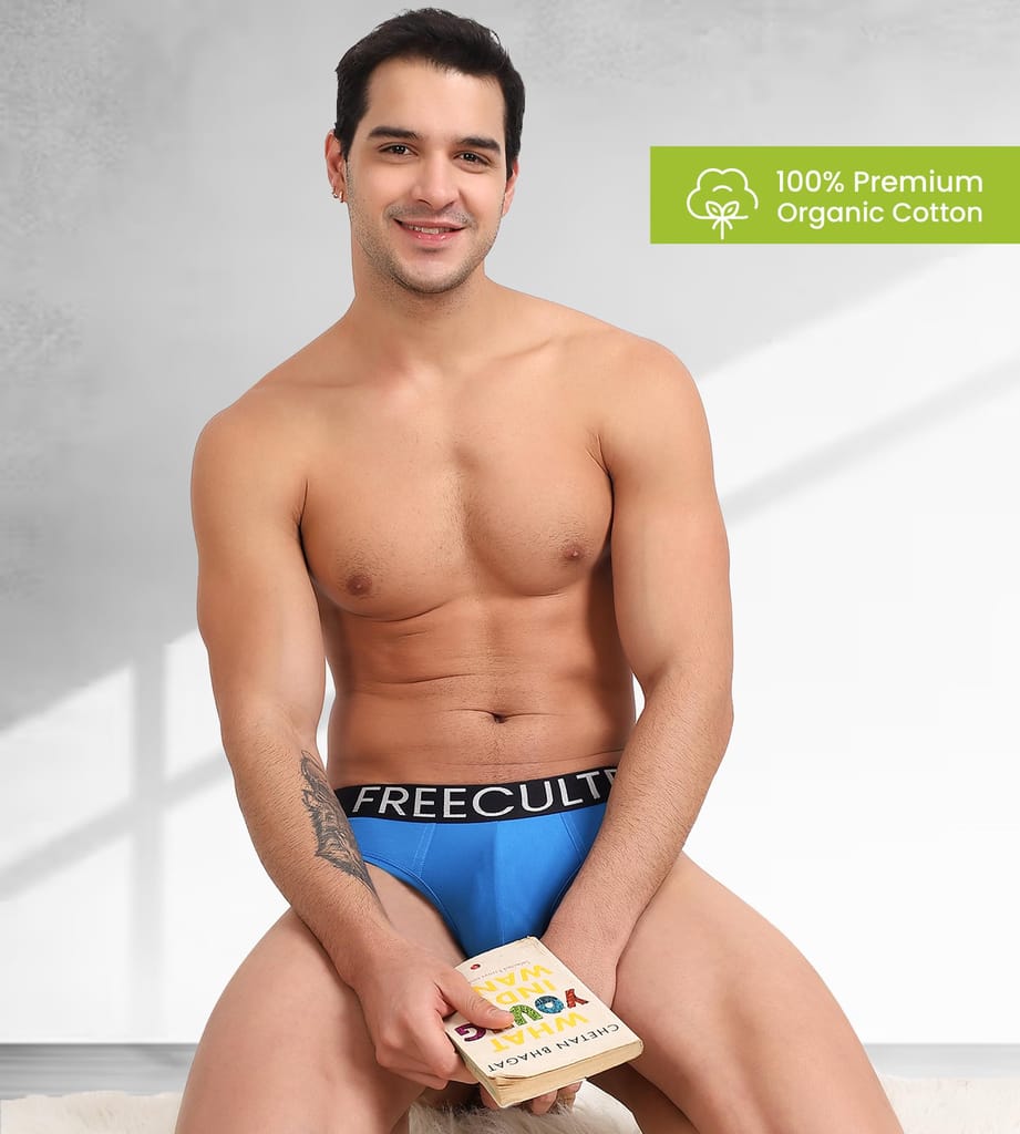 FREECULTR Men's Underwear Organic Cotton (Ultrasoft Waistband) Premium Snug-Fit Brief Pack of 2-Black,Brilliant Blue