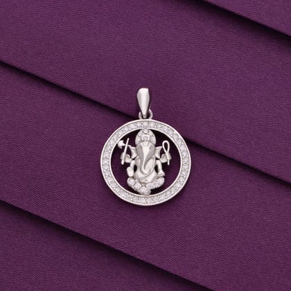 ZIRCON STUDDED GANESHA SILVER PENDANT-White Stone / Silver