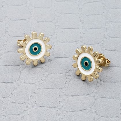 Sun Evil Eye Black Green Gold Copper Enamel Stud Earring Pair For Women-White