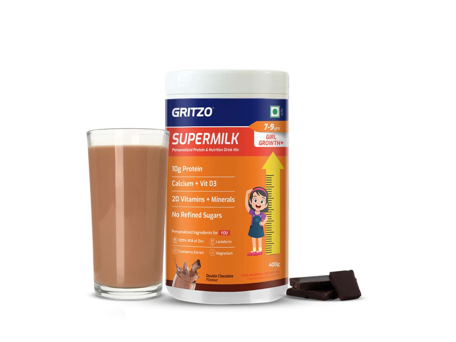 Gritzo SuperMilk Growth+(7-9y Girls), 10g Protein Powder (Double Chocolate, 400g) | Zero Refined Sugar, 20 Vitamins & Minerals
