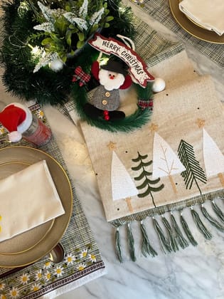 KRI India Bloom Christmas Tree Fringed Table Runner | Shades of Green & Beige  | 14x80 inches  | Wash & Care | 100% Cotton | Handcrafted in India. 100% organic & natural.