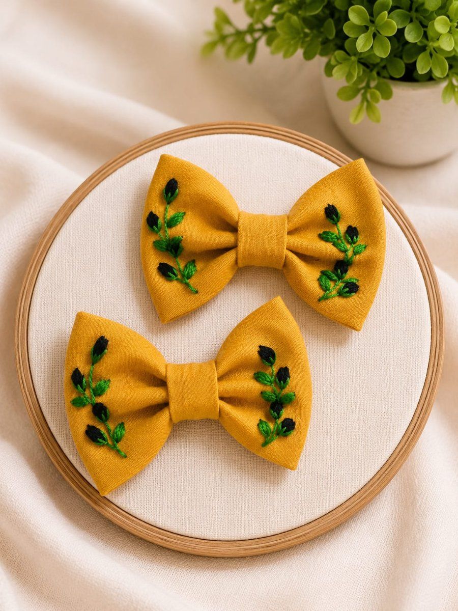 Hand-Embroidered Mustard Yellow Hair Bows (Set of 2) | Floral Motif | Casual & Festive Hair Accessories