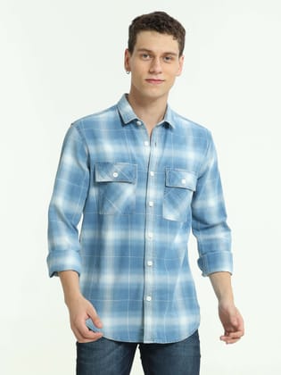 Indigo Checks Double Pocket Shirt-S / Indigo