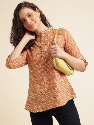 Yellow Printed Straight Cotton Blend Top-XS