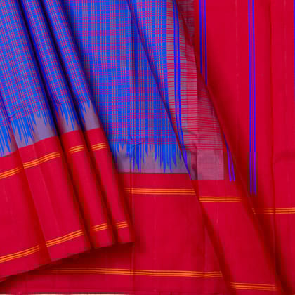 Blue And Red Checks Non Zari Kanchipuram Silk Saree For Office Wear PV RM NZ 479