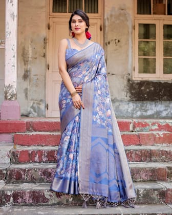 Majestic Blue Banarasi Silk Saree with Delicate Floral Zari Work and Tassel-Embellished Pallu-Regular