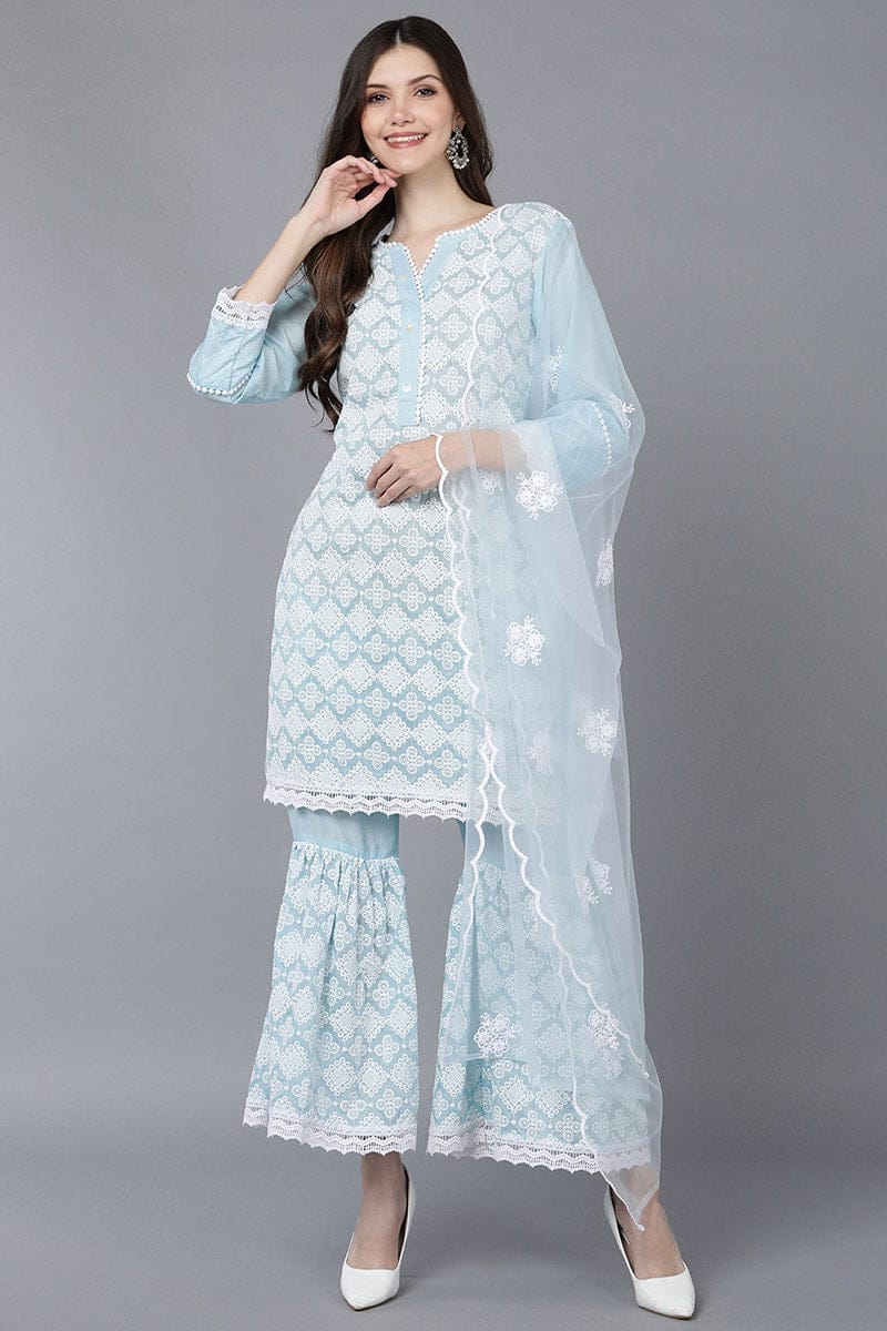 Blue Poly Silk Embroidered Sharara Suit Set PKSKD1402