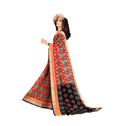 TheHangr Women's Linen Red Saree With Green Betel Leaf Print With Contrast Black Floral Pallu TheHangr Women's Linen Red Saree With Green Betel Leaf Print With Contrast Black Floral Pallu