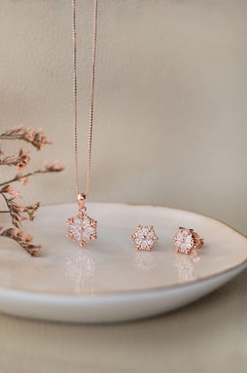 Snow Flake Rose Gold Plated Sterling Silver Pendant Set-With Chain / Rose