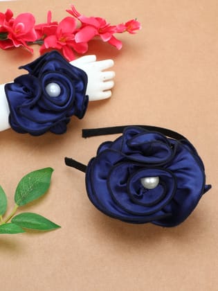 Satin Flower Bracelet & Hairband Set- Navy Blue-one Size / Navy Blue