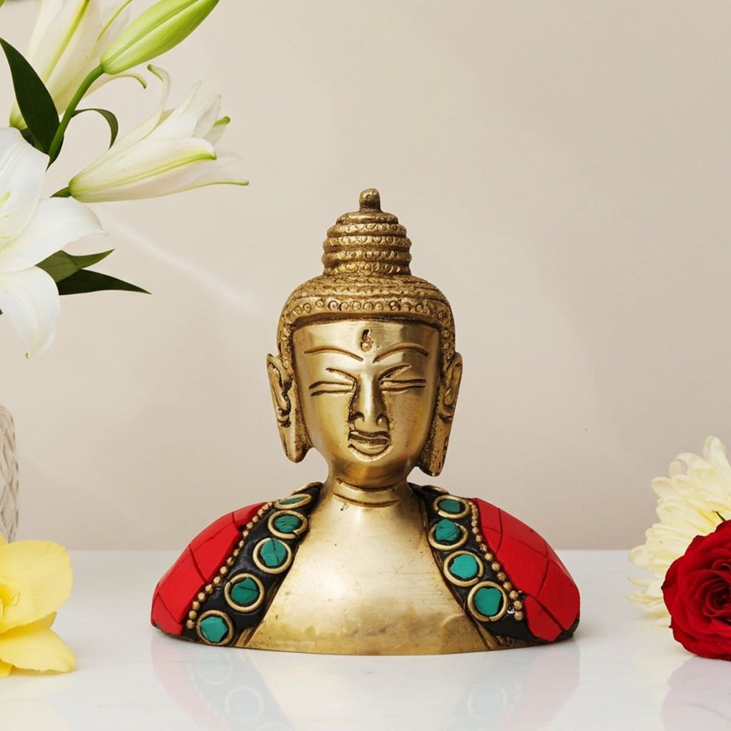 Brass Buddha Face Sculpture - Premium Home Decoration Statue, Height : 3.5 Inch (BSMAS840 B)