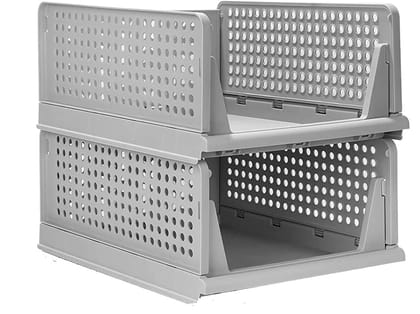 Storite Set of 2 Foldable Wardrobe Organizers - Stackable Plastic Racks for Clothes, Shirts, T-Shirts, and Jeans - Grey