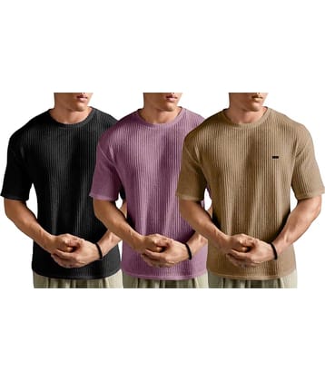 Looks United Cotton Blend Regular Fit Self Design Half Sleeves Men's Round T-Shirt - Multicolor3 ( Pack of 3 )