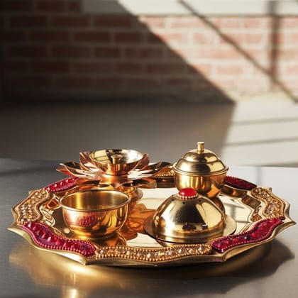 Brass Pooja Thali Fancy Pink (ZMAS537 A)