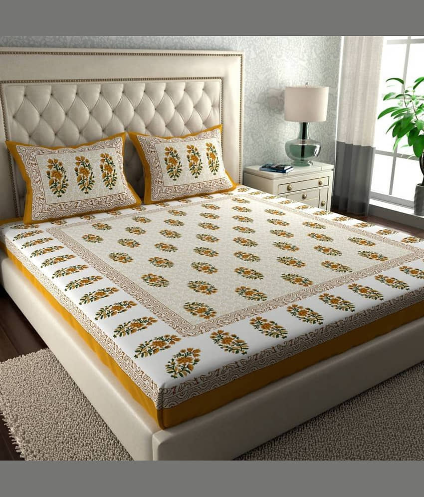 COZYKO Cotton 1 Double Queen Bedsheet with 2 Pillow Covers ( Yellow )