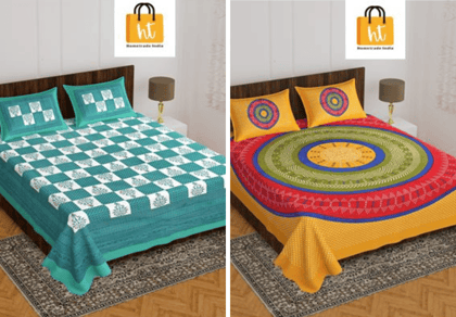 2201-Hometrade India- Standard Double Size (90*100 in )-Combo Jaipuri Double bedsheet With Matching Pillow Cover
