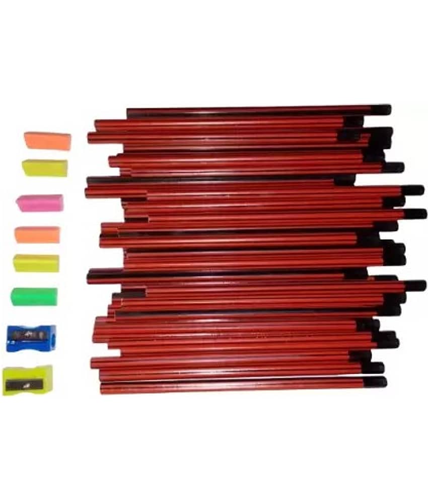 Posshe 40 HEXA Pencil with 4 Eraser and 2 Sharpener for Unisex Children Pencil (Set of 46, RED & BLACK)