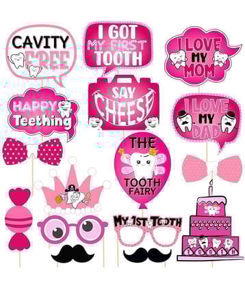 Zyozi 16 Pcs I Got My First Tooth Photo Booth Party Props/Colour Stylish Font/First Tooth Decoration/First Tooth Decoration Items for Baby/Pink My First Teeth Props/1st Teeth Decoration Items/Rice Ceremony Props/Rice Ceremony Decoration Kit