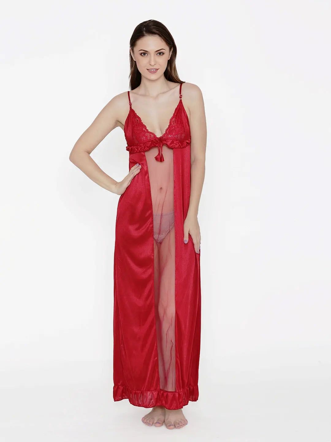 Elegant Multi-Color Solid Nightdress - Red