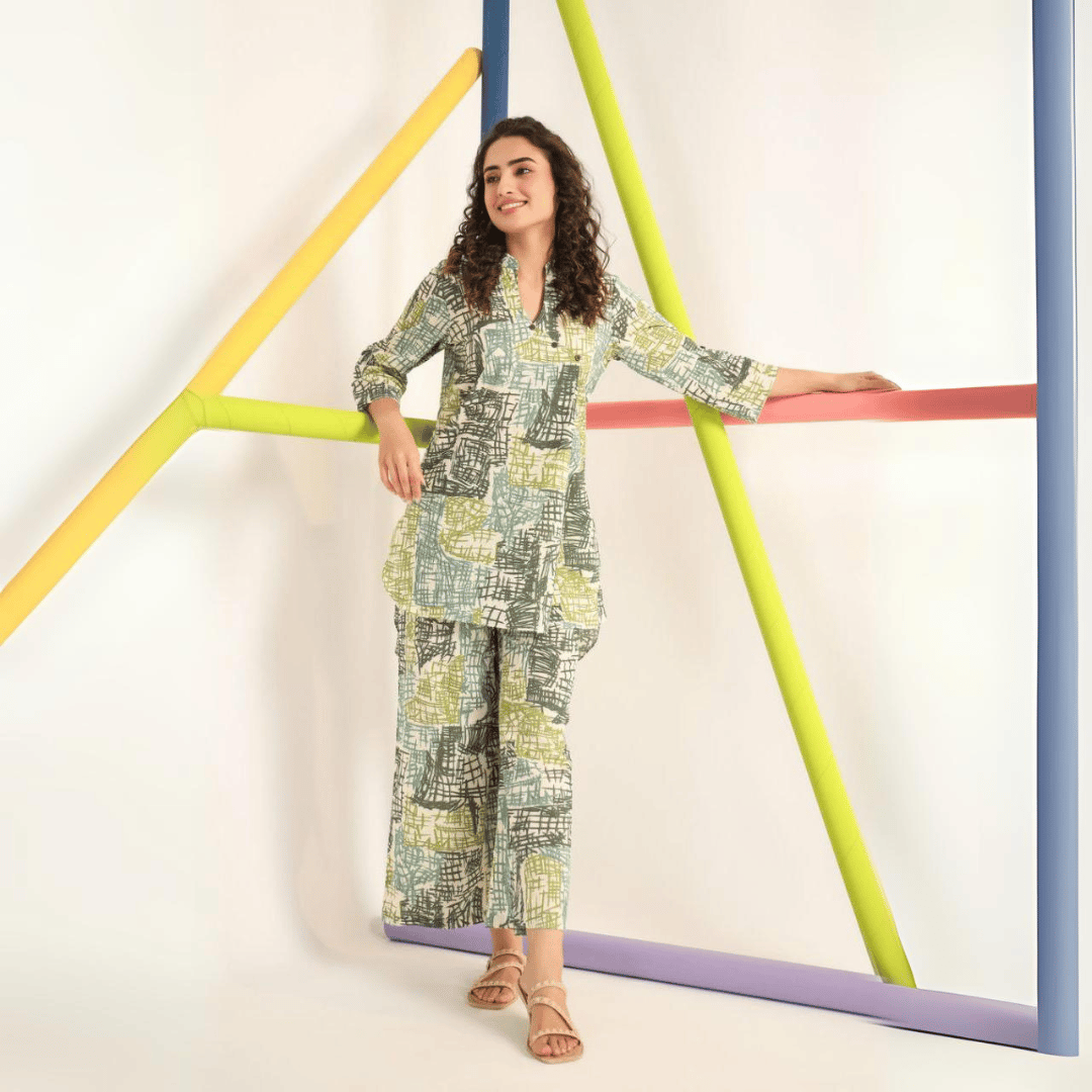 Multiline Printed Green and Pink Co-ord Set Design by GlamaStitch-M / Green