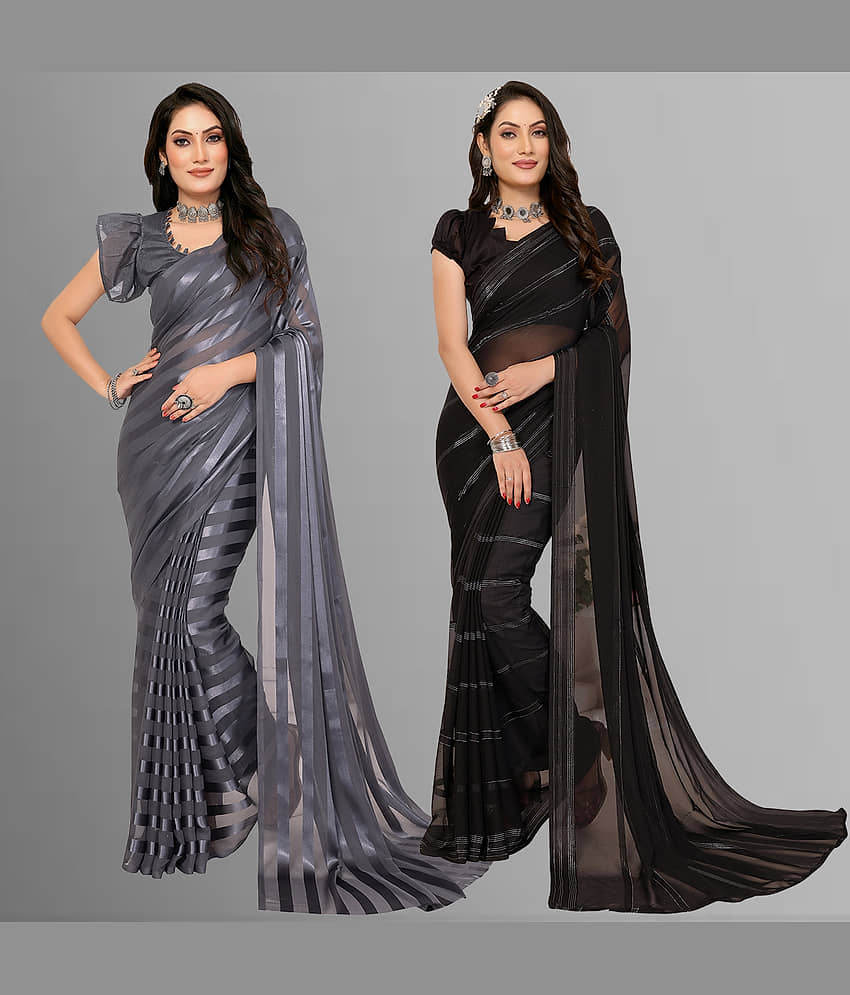 ANAND SAREES Satin Striped Saree With Unstitched Blouse Piece ( Multicolor )