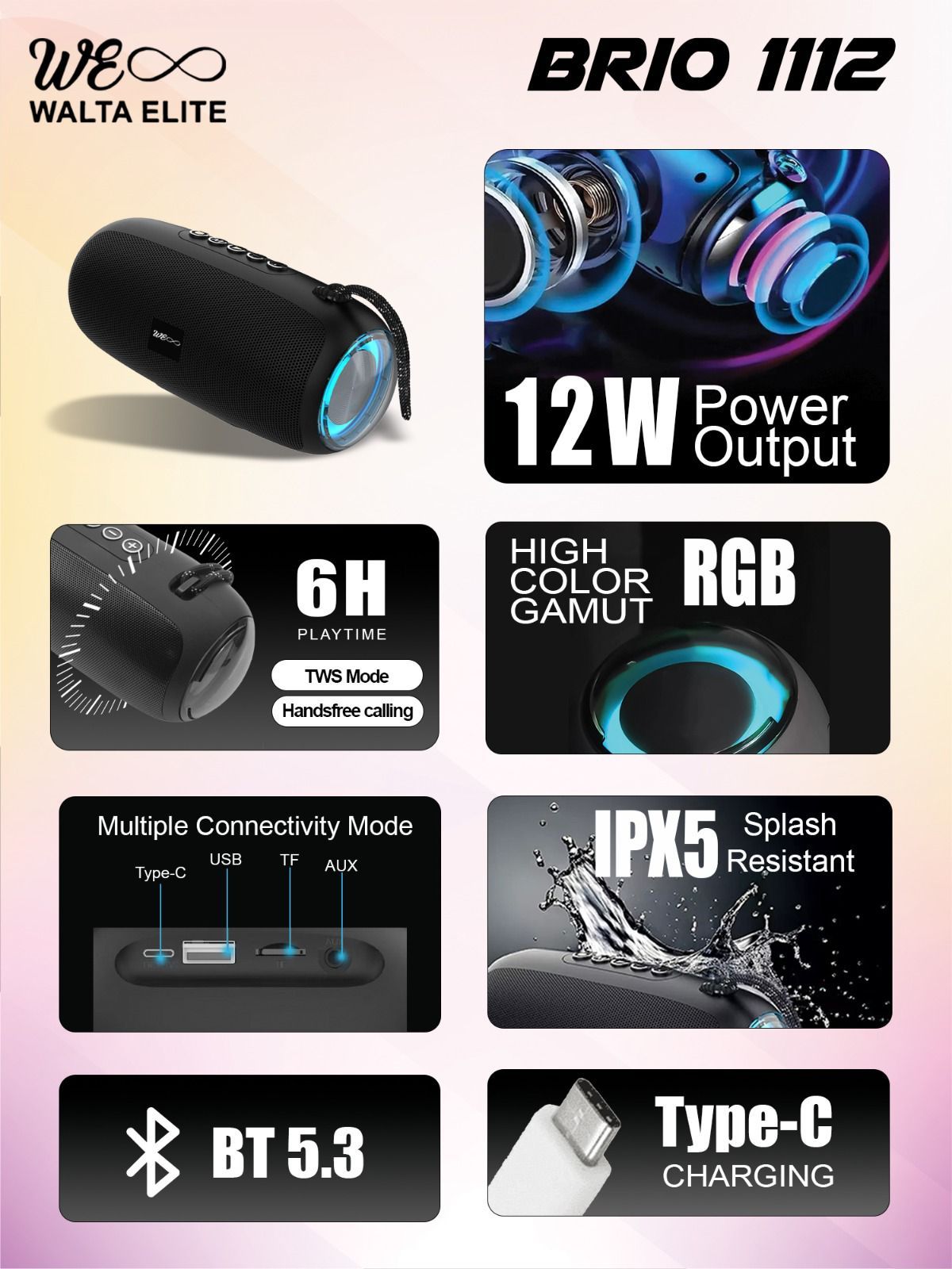 Walta Elite Brio 1112  Speaker Output power -12 Watt RGB light TWS mode- Black