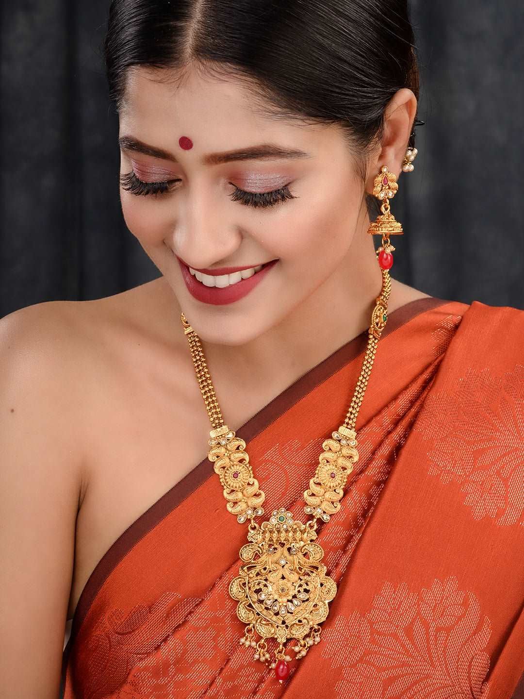 Gold Plated Red & Green stone studded Peacock Temple Design long Necklace Jewellerey Set