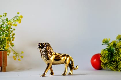 Brass Roaring Lion Statue (Color - Golden, Size - 4H *6L*2B) by Snova Enterprises