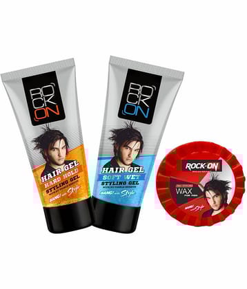 ROCK ON Styling Set - Hair Wax 125g + Soft Wet & Hard Hold Hair Gels All-in-One Pack (60g Each)