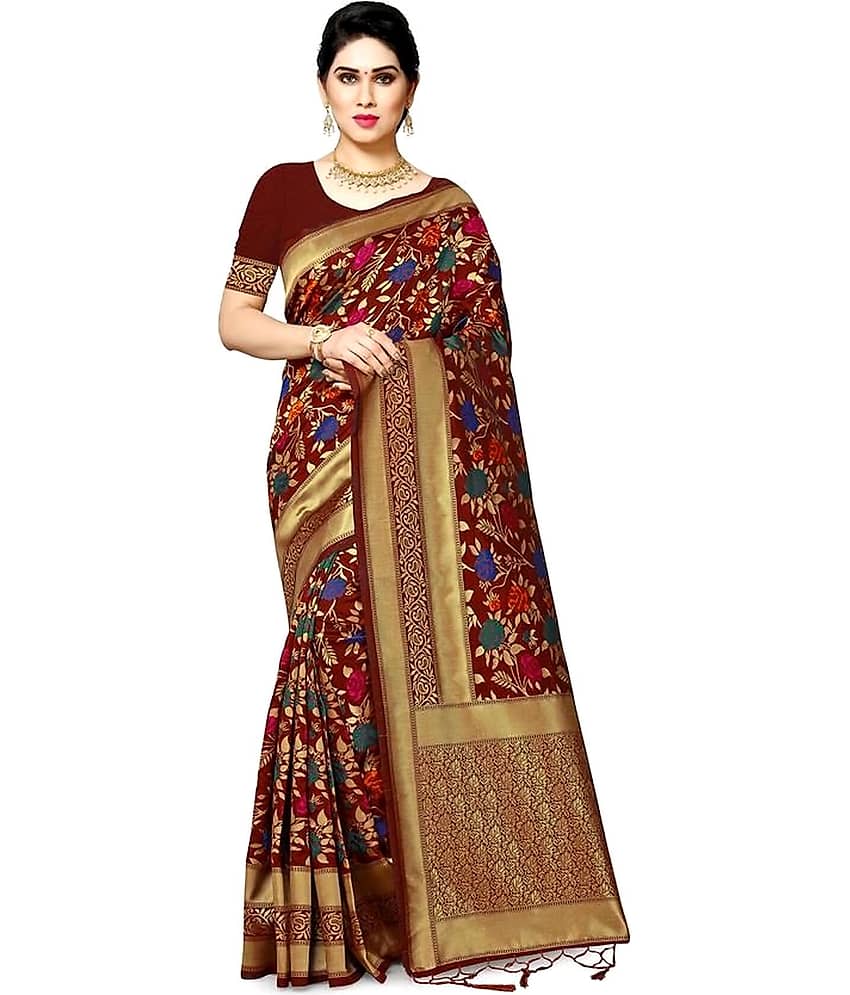 NENCY FASHION Banarasi Silk Self Design Saree With Unstitched Blouse Piece ( Maroon )