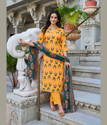 VIBE VISION Cotton Blend Printed Kurti With Pants Women's Stitched Salwar Suit - Yellow ( Pack of 1 )