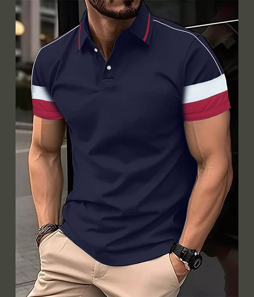 Leotude Men Cotton Blend Regular Fit Colorblock Polo T Shirt ( Navy )