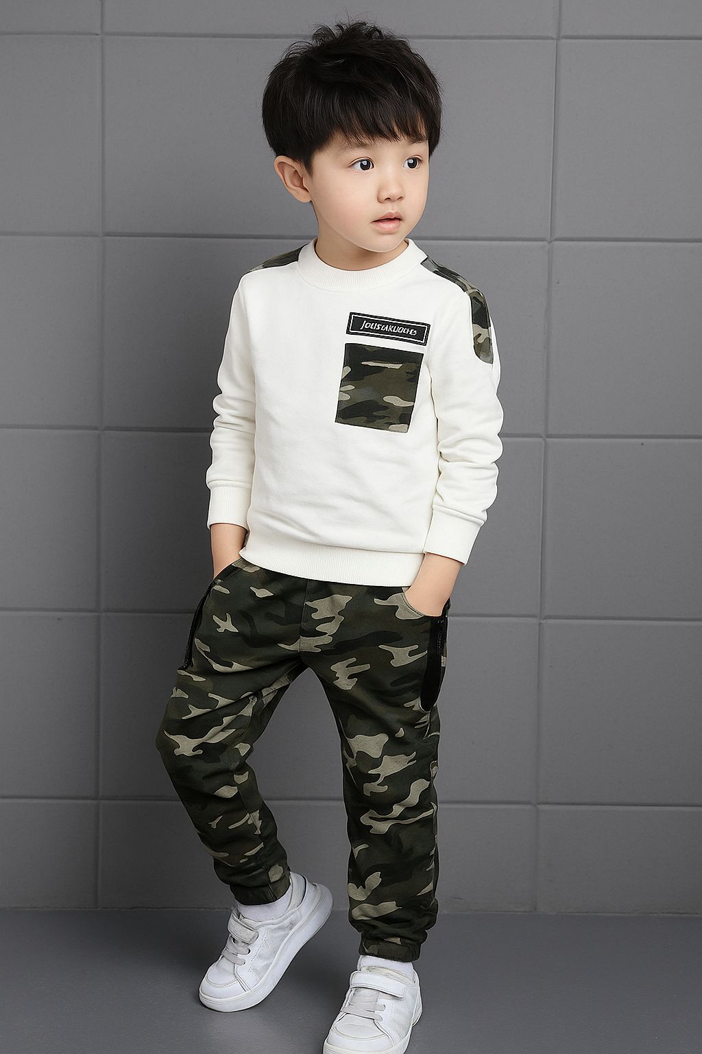 BOYS ARMY PRINTED WHITE T-SHIRT AND TRACK PANT SET