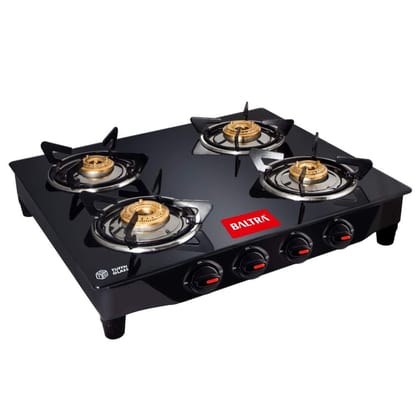 Baltra Glimmer Black Glass Top Gas Stove with Brass 4 Burners, Manual Ignition. ISI Certified with a 2-Year Warranty. Stylish and durable kitchen essential (4 Burner)