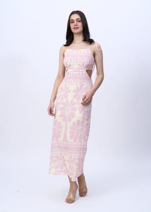 Bloom (tropical print spaghetti midi dress)-pink / XS